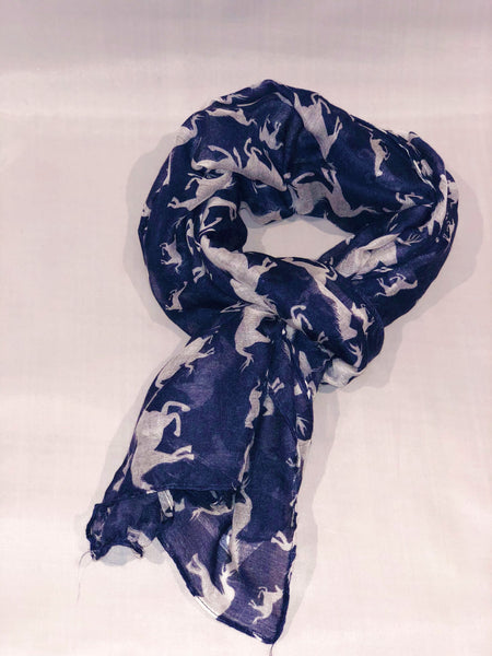 Ladies Horse Print Scarf Navy and White